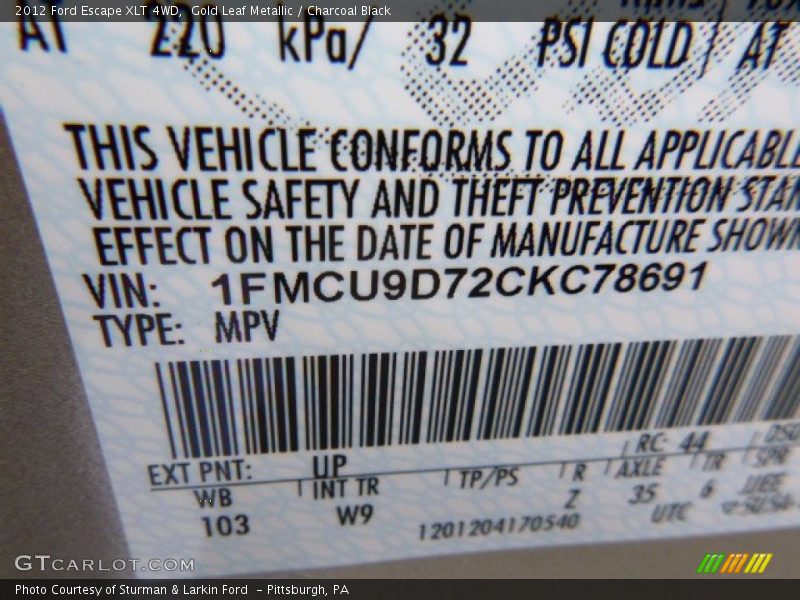 Gold Leaf Metallic / Charcoal Black 2012 Ford Escape XLT 4WD