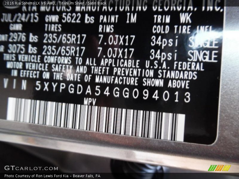 2016 Sorento LX V6 AWD Titanium Silver Color Code IM