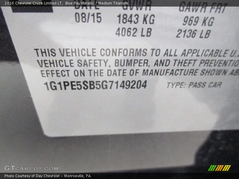 Blue Ray Metallic / Medium Titanium 2016 Chevrolet Cruze Limited LT