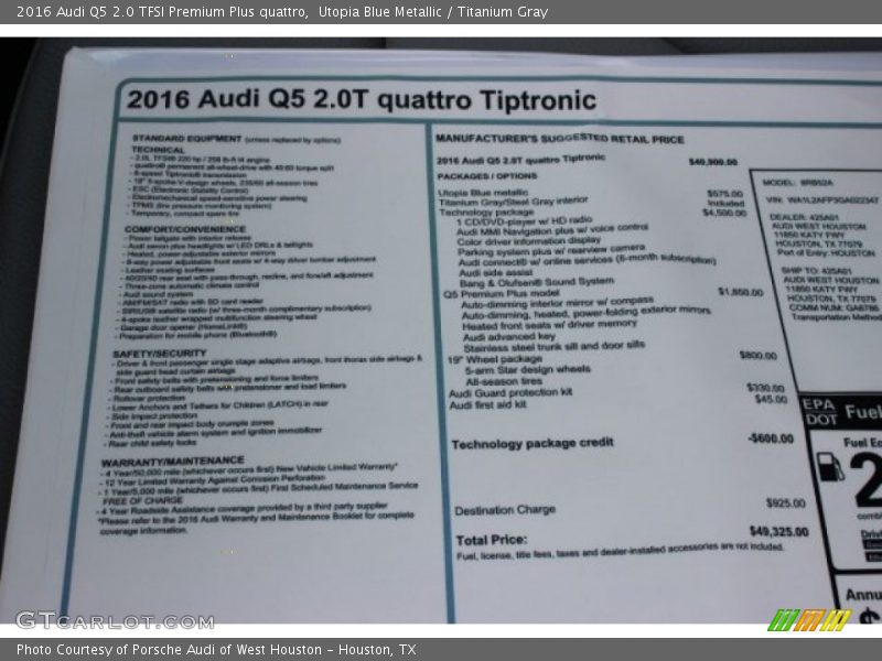  2016 Q5 2.0 TFSI Premium Plus quattro Window Sticker