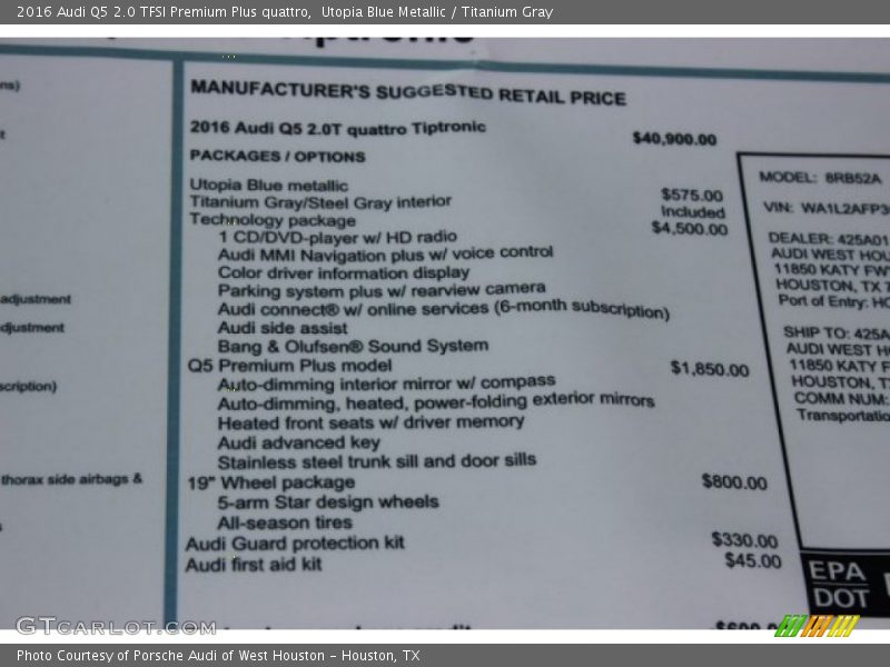  2016 Q5 2.0 TFSI Premium Plus quattro Window Sticker