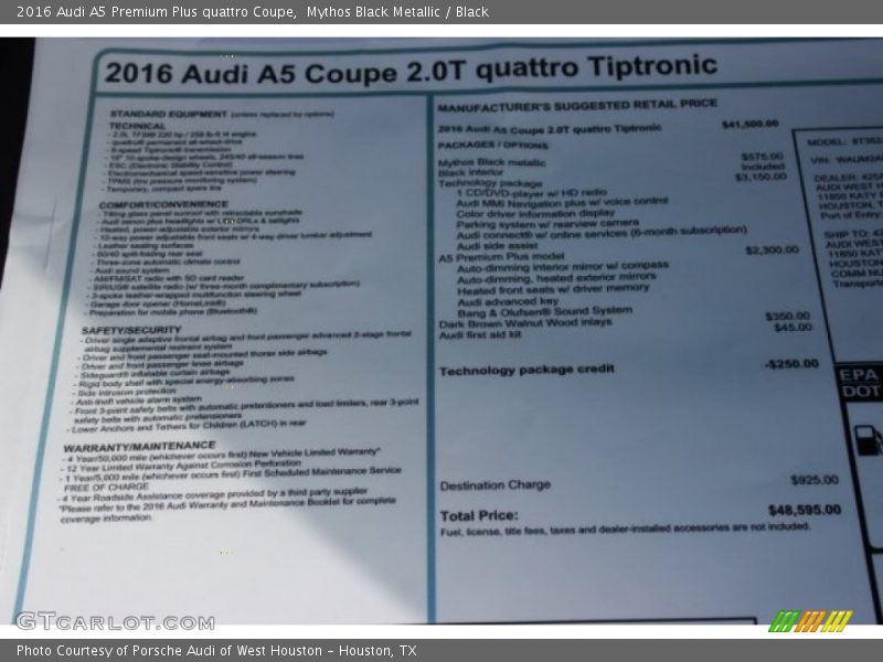 Mythos Black Metallic / Black 2016 Audi A5 Premium Plus quattro Coupe