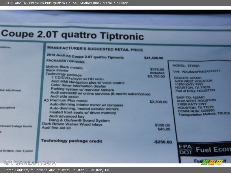 Mythos Black Metallic / Black 2016 Audi A5 Premium Plus quattro Coupe