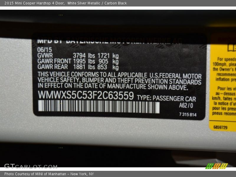 White Silver Metallic / Carbon Black 2015 Mini Cooper Hardtop 4 Door