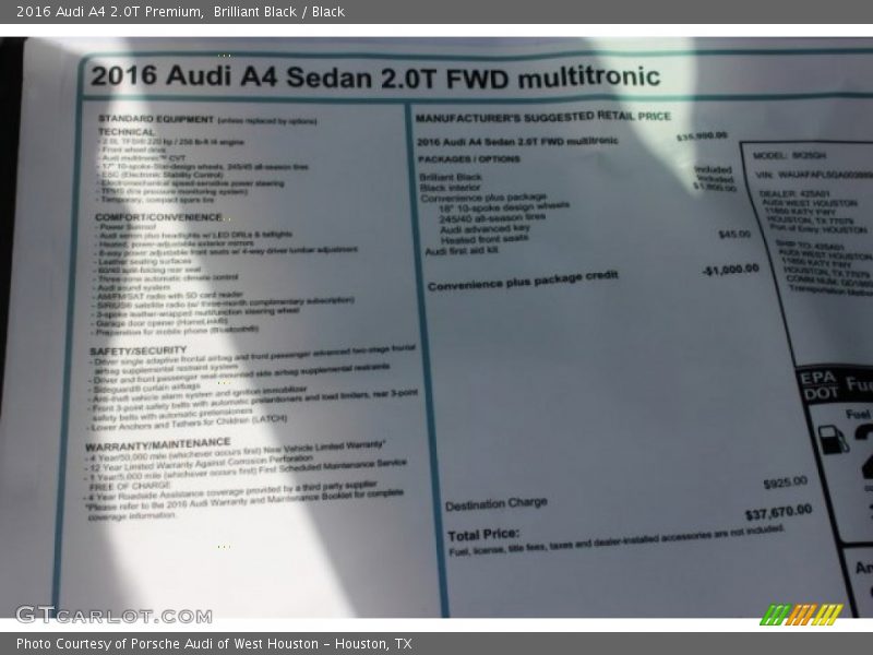 Brilliant Black / Black 2016 Audi A4 2.0T Premium
