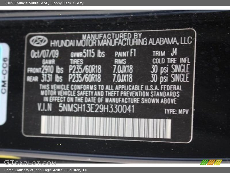 Ebony Black / Gray 2009 Hyundai Santa Fe SE