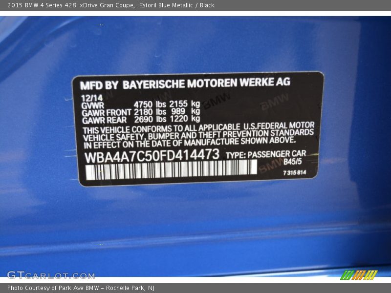 2015 4 Series 428i xDrive Gran Coupe Estoril Blue Metallic Color Code B45