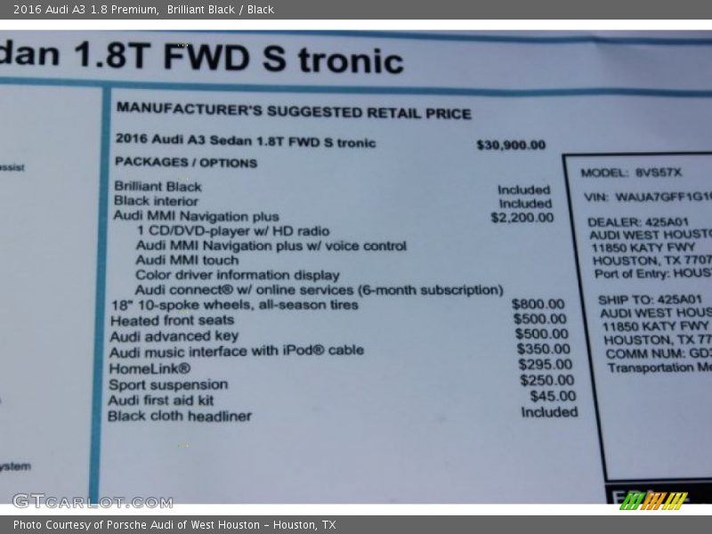 Brilliant Black / Black 2016 Audi A3 1.8 Premium