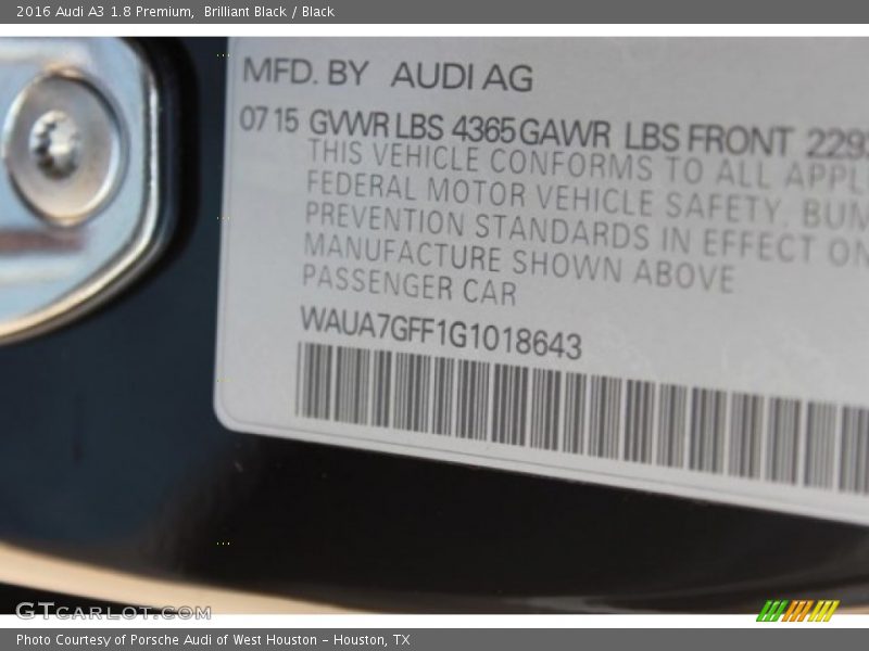 Brilliant Black / Black 2016 Audi A3 1.8 Premium