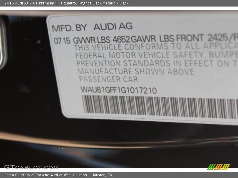 Mythos Black Metallic / Black 2016 Audi S3 2.0T Premium Plus quattro