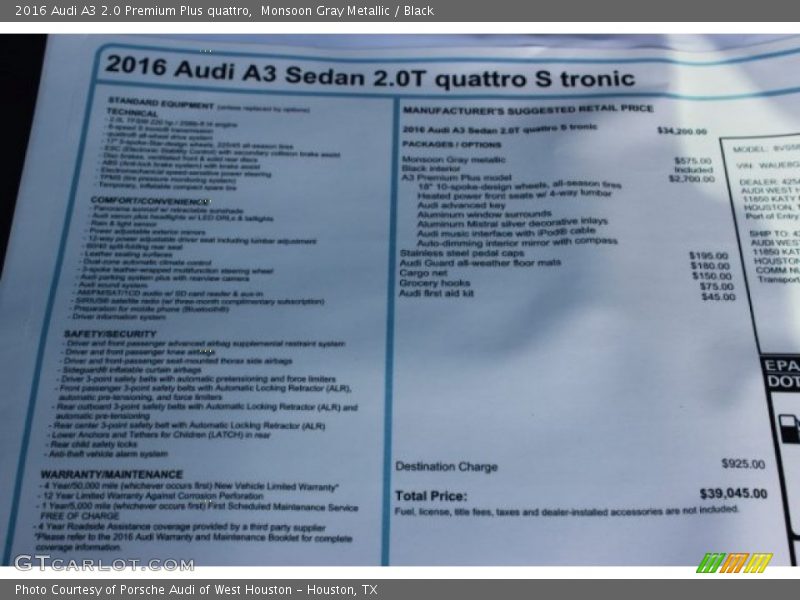 Monsoon Gray Metallic / Black 2016 Audi A3 2.0 Premium Plus quattro