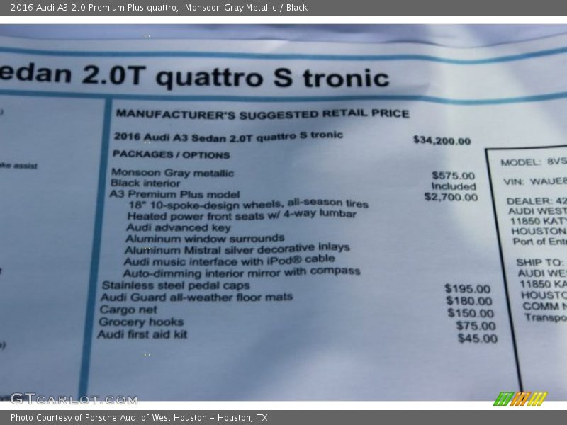 Monsoon Gray Metallic / Black 2016 Audi A3 2.0 Premium Plus quattro