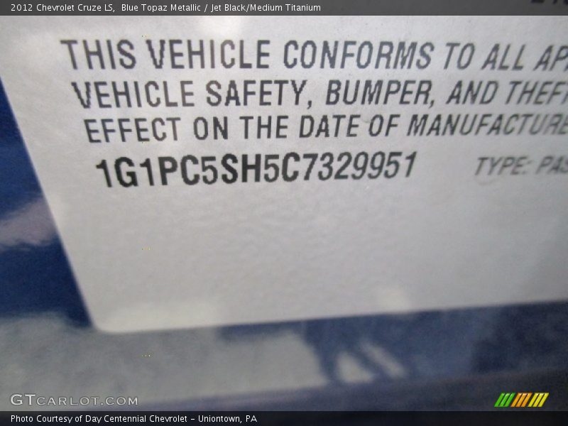 Blue Topaz Metallic / Jet Black/Medium Titanium 2012 Chevrolet Cruze LS