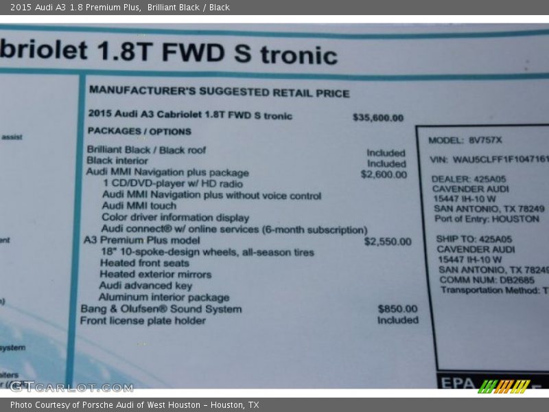 Brilliant Black / Black 2015 Audi A3 1.8 Premium Plus