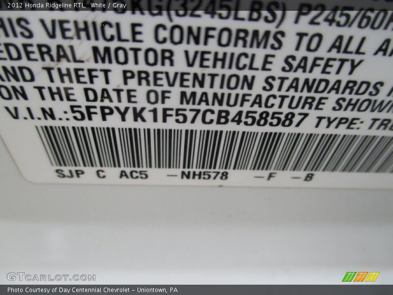 White / Gray 2012 Honda Ridgeline RTL