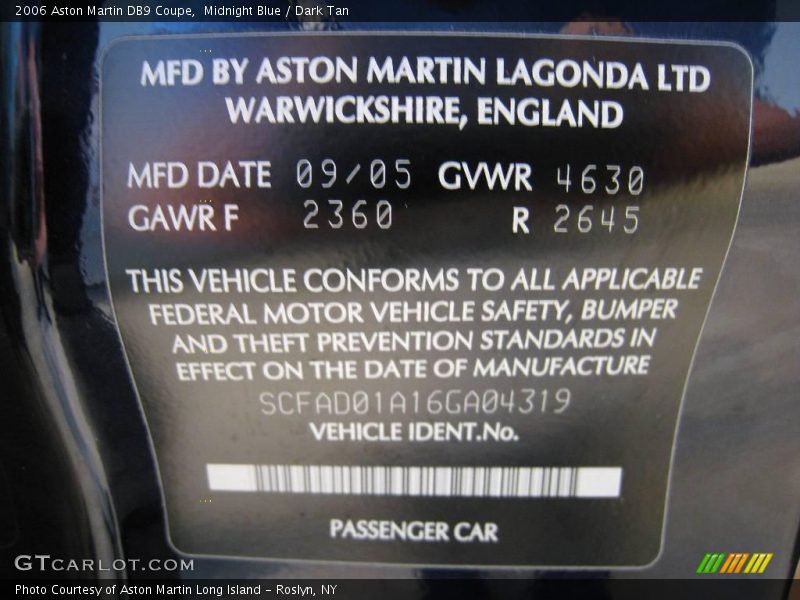 Midnight Blue / Dark Tan 2006 Aston Martin DB9 Coupe