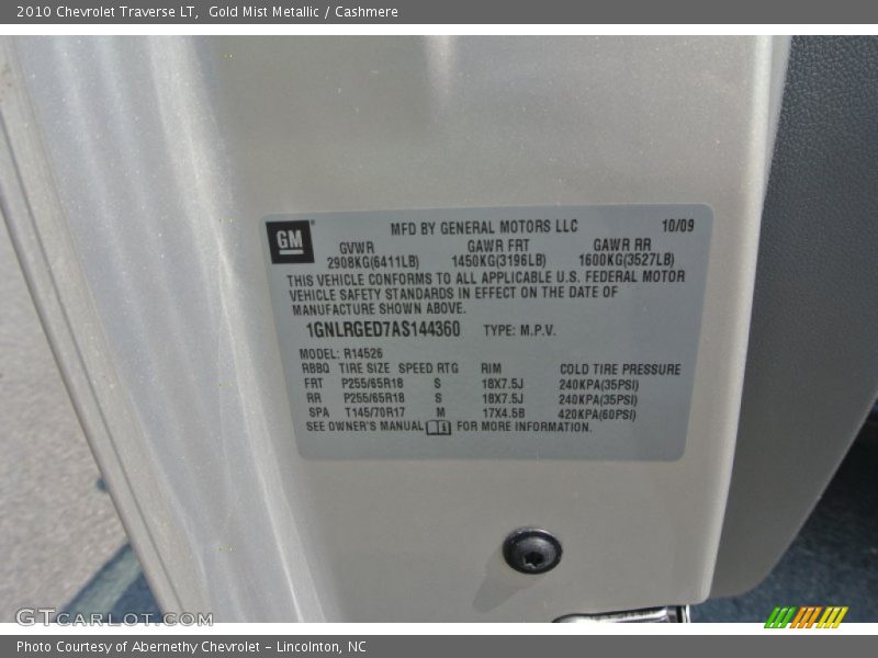 Gold Mist Metallic / Cashmere 2010 Chevrolet Traverse LT