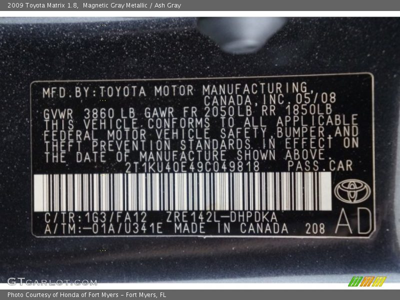 Magnetic Gray Metallic / Ash Gray 2009 Toyota Matrix 1.8