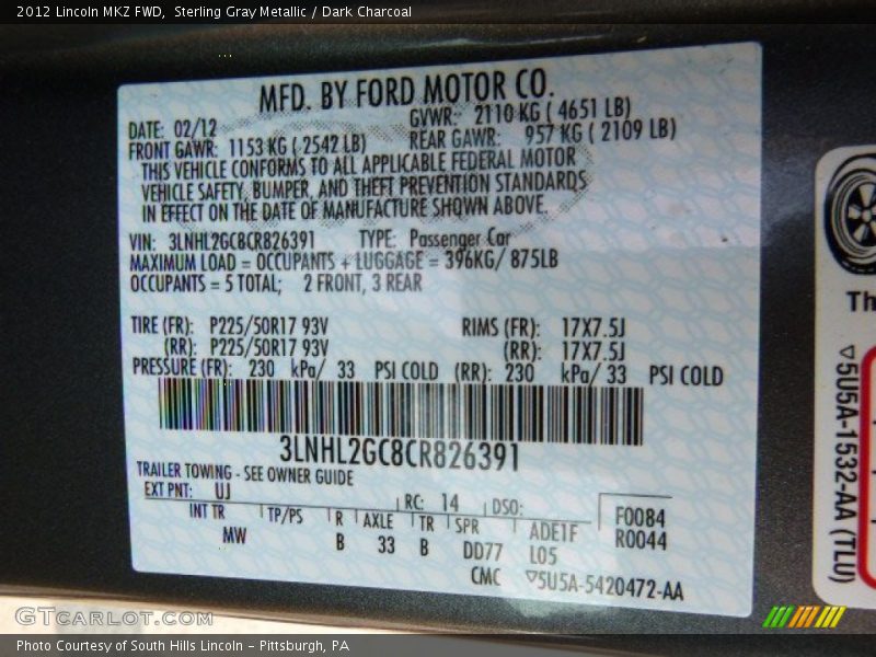 Sterling Gray Metallic / Dark Charcoal 2012 Lincoln MKZ FWD