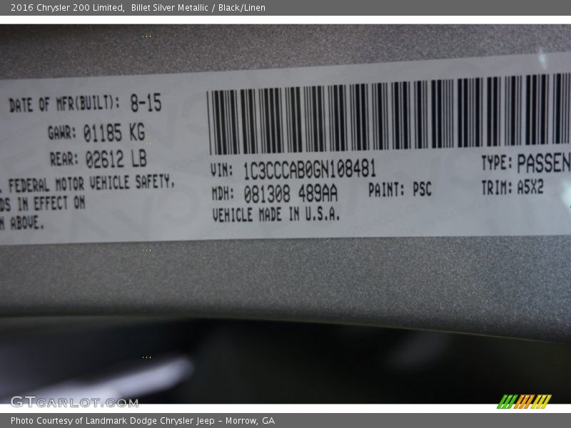 Billet Silver Metallic / Black/Linen 2016 Chrysler 200 Limited