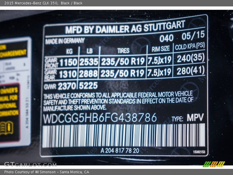 Black / Black 2015 Mercedes-Benz GLK 350