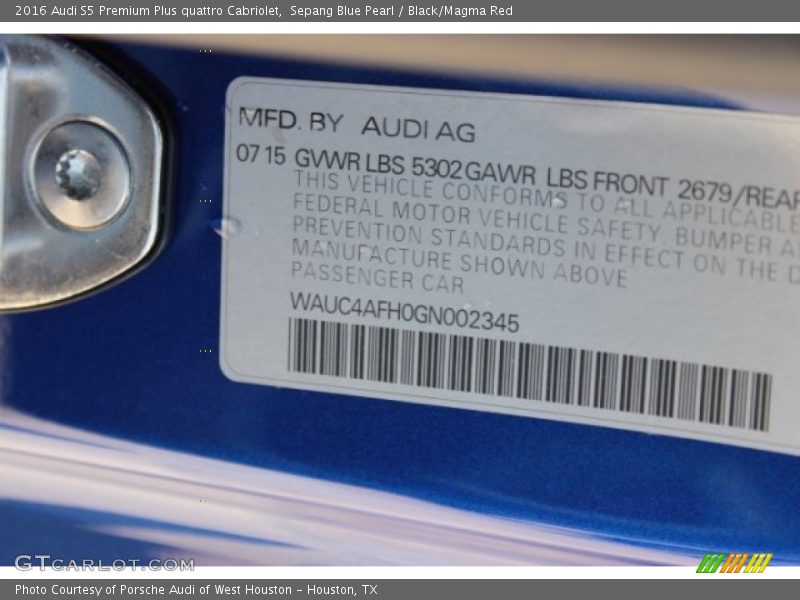 Info Tag of 2016 S5 Premium Plus quattro Cabriolet
