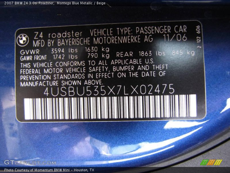 Montego Blue Metallic / Beige 2007 BMW Z4 3.0si Roadster