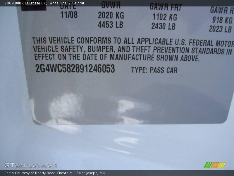 White Opal / Neutral 2009 Buick LaCrosse CX