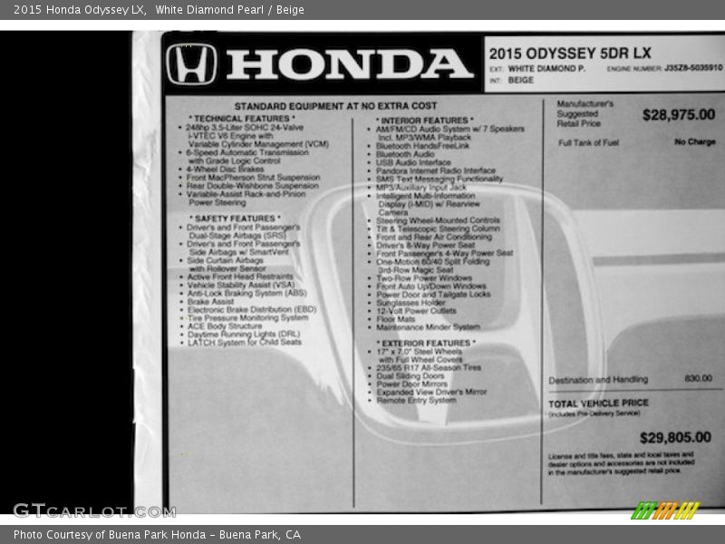 White Diamond Pearl / Beige 2015 Honda Odyssey LX