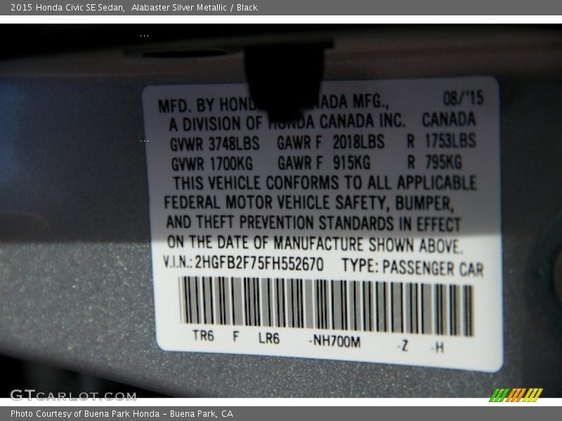 Alabaster Silver Metallic / Black 2015 Honda Civic SE Sedan