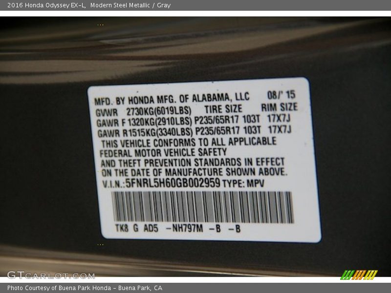 2016 Odyssey EX-L Modern Steel Metallic Color Code NH797M