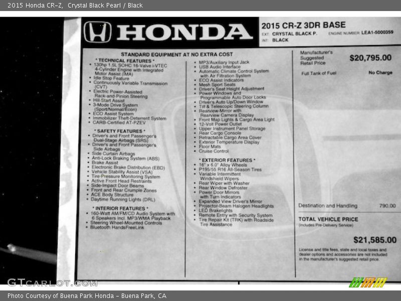 Crystal Black Pearl / Black 2015 Honda CR-Z