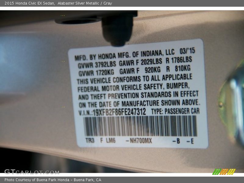 Alabaster Silver Metallic / Gray 2015 Honda Civic EX Sedan