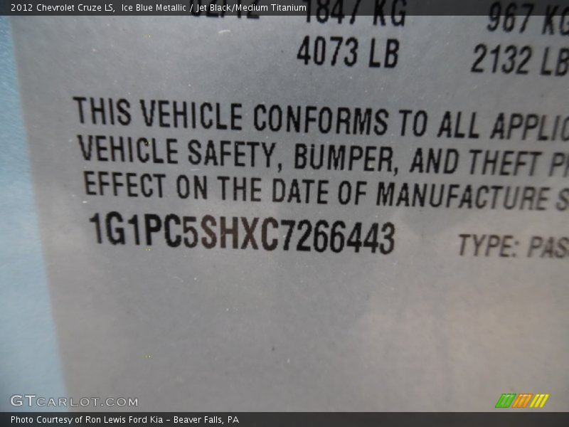 Ice Blue Metallic / Jet Black/Medium Titanium 2012 Chevrolet Cruze LS