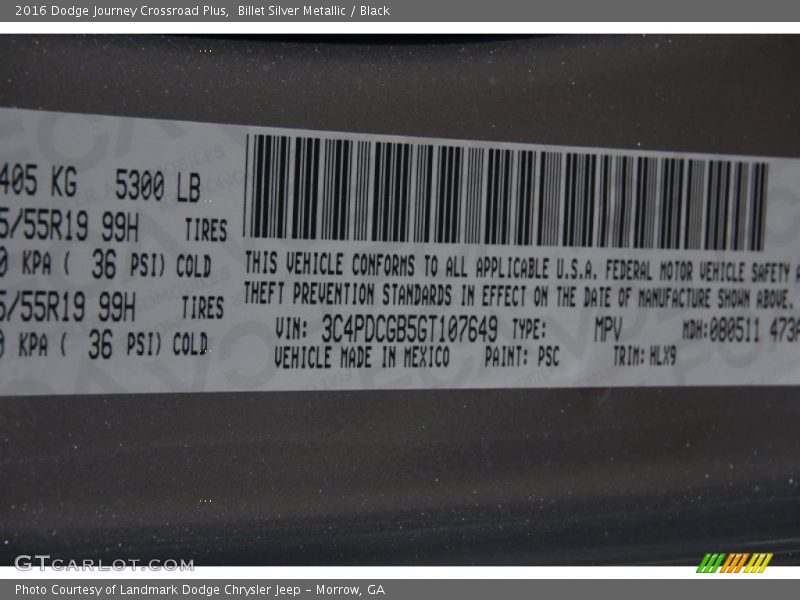 2016 Journey Crossroad Plus Billet Silver Metallic Color Code PSC