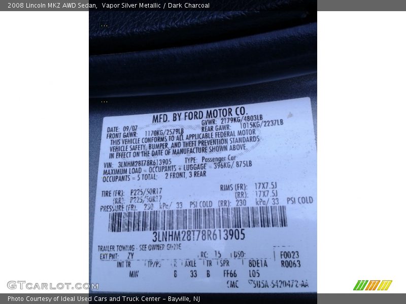2008 MKZ AWD Sedan Vapor Silver Metallic Color Code ZY