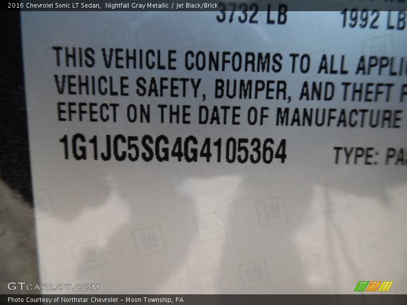 Nightfall Gray Metallic / Jet Black/Brick 2016 Chevrolet Sonic LT Sedan
