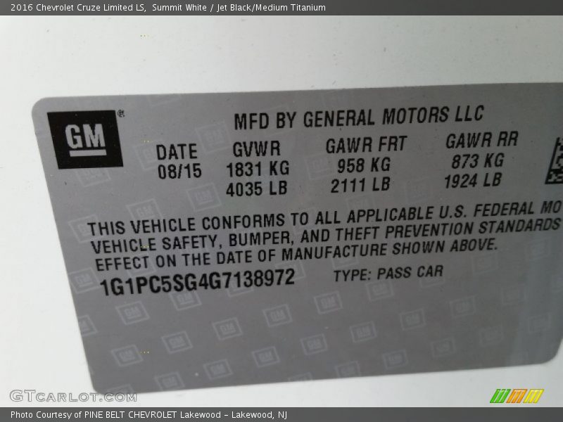 Summit White / Jet Black/Medium Titanium 2016 Chevrolet Cruze Limited LS