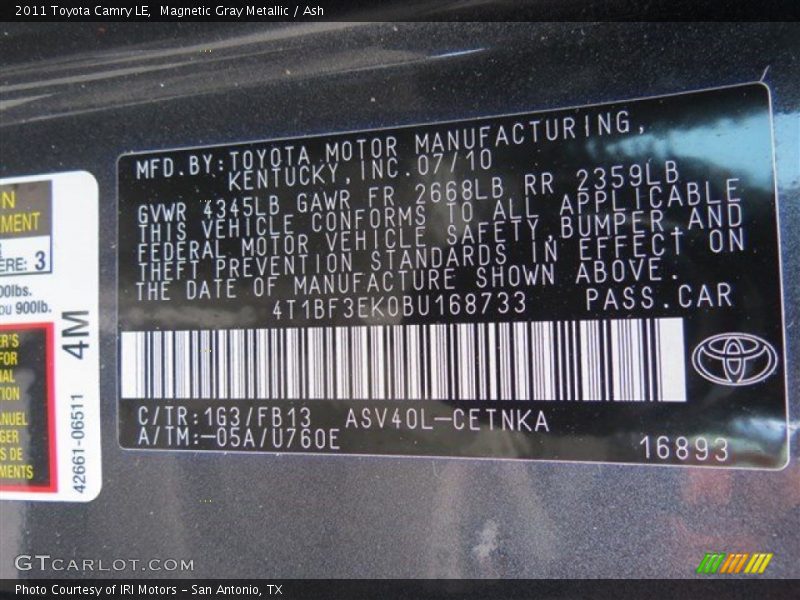 Magnetic Gray Metallic / Ash 2011 Toyota Camry LE