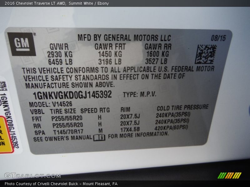 Summit White / Ebony 2016 Chevrolet Traverse LT AWD