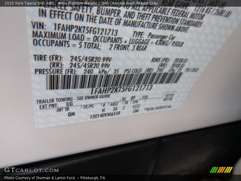 2015 Taurus SHO AWD White Platinum Metallic Color Code UG
