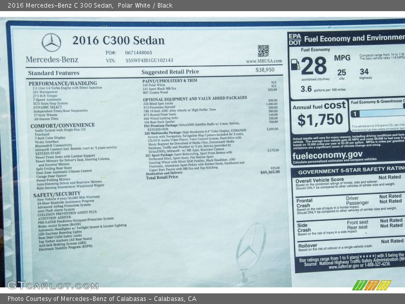  2016 C 300 Sedan Window Sticker