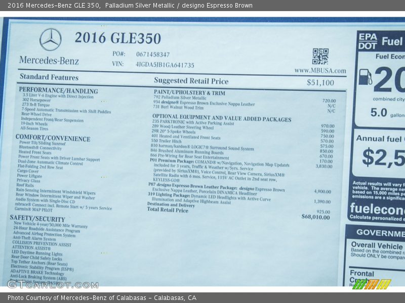  2016 GLE 350 Window Sticker