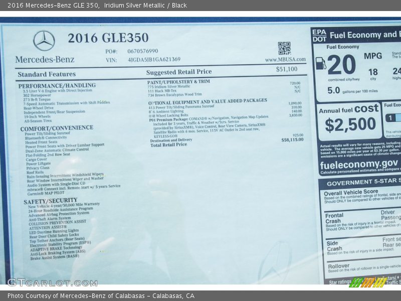  2016 GLE 350 Window Sticker