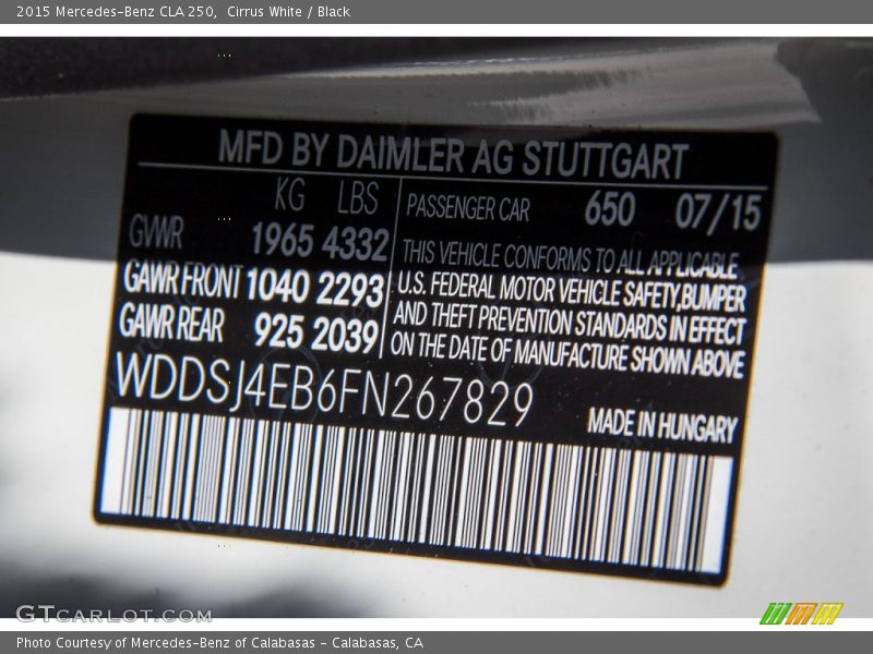 Cirrus White / Black 2015 Mercedes-Benz CLA 250
