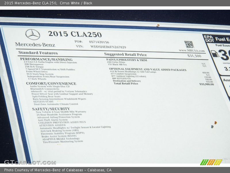 Cirrus White / Black 2015 Mercedes-Benz CLA 250