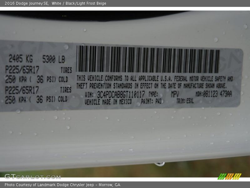 2016 Journey SE White Color Code PW3