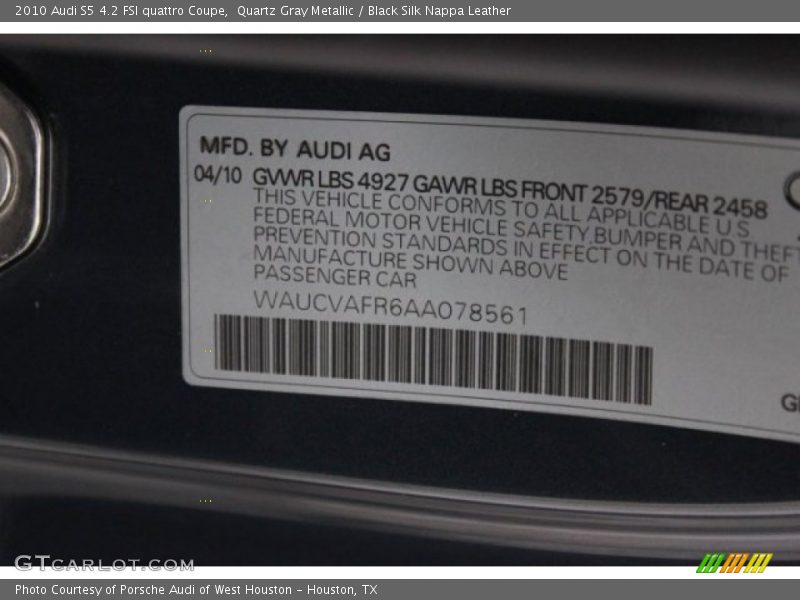 Quartz Gray Metallic / Black Silk Nappa Leather 2010 Audi S5 4.2 FSI quattro Coupe