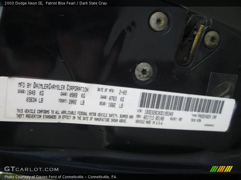 Patriot Blue Pearl / Dark Slate Gray 2003 Dodge Neon SE