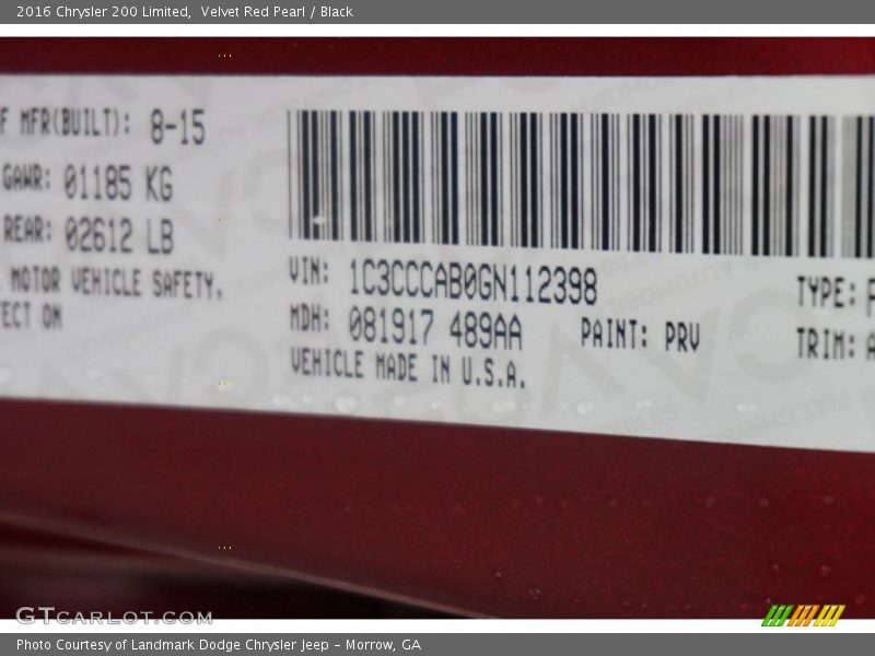 Velvet Red Pearl / Black 2016 Chrysler 200 Limited